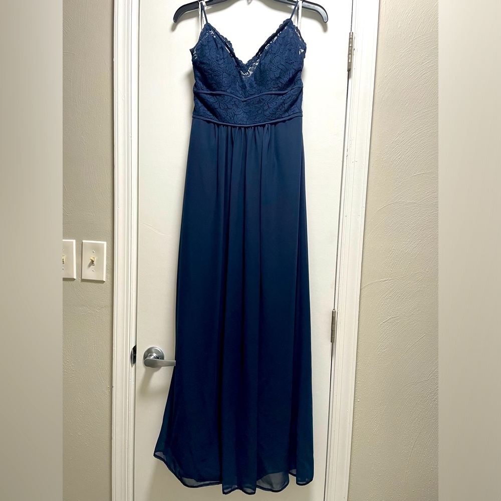 B2 Jasmine | Chiffon Navy long dress w/ lace bodice